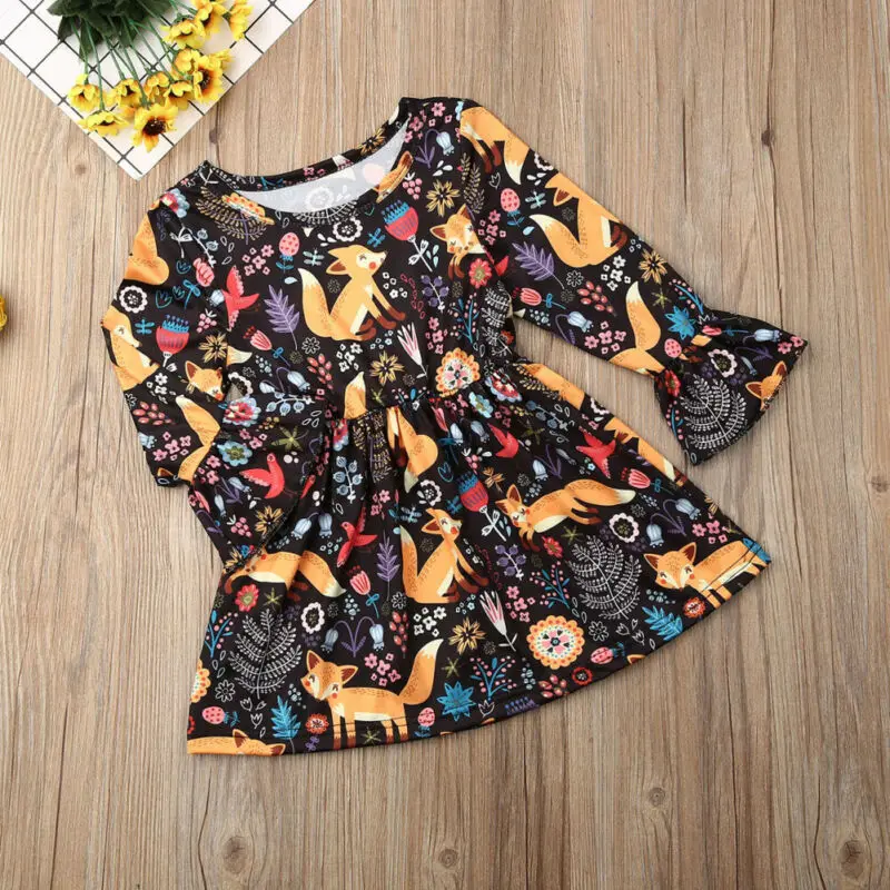 Британское платье принцессы для девочек с расклешенным рукавом и принтом лисы