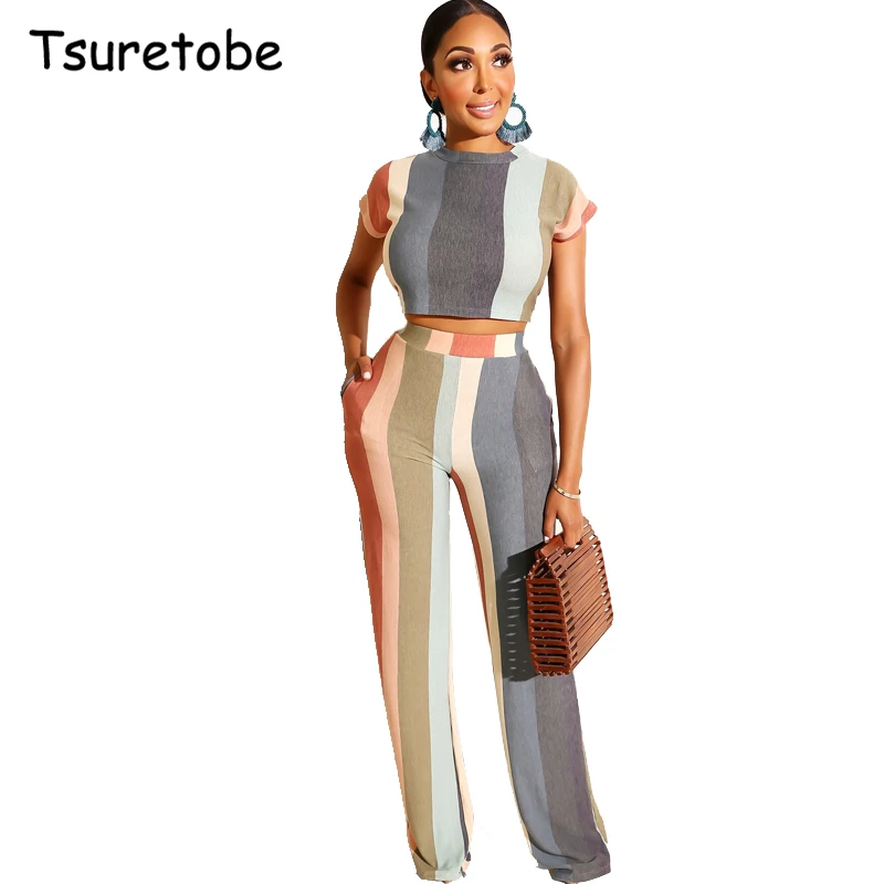 

Tsuretobe Bodycon Casual Color Stripe Print Two Piece Set Women Tight Short Sleeve Crop Top And Straight Pants O-neck Outfits