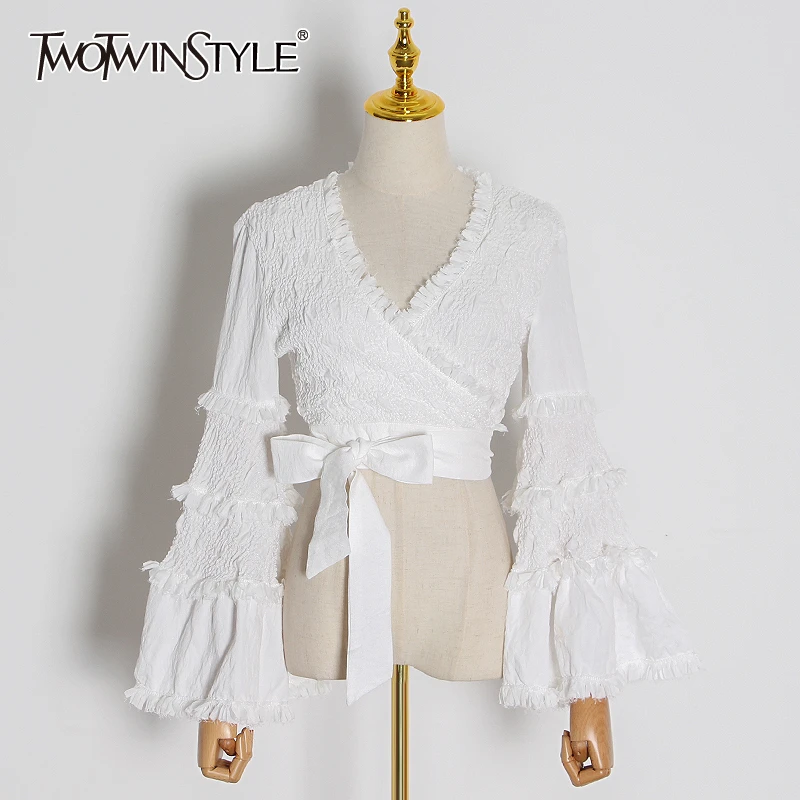 TWOTWINSTYLE Patchwork Lace Women Shirt V Neck Flare Long Sleeve Tunic Short Lace Up Bow Blouse For Female Fashion Clothing Tide TWOTWINSTYLE Patchwork Lace Women Shirt V Neck Flare Long Sleeve Tunic Short Lace Up Bow Blouse For Female Fashion Clothing Tide