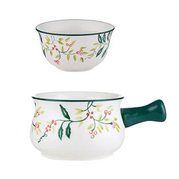 

2pcs Ceramic Soup Salad Bowl Noodle Bowl Beautiful Rice Bowl Food Noodle Bowl for Restaurant Home (Round Bowl + Bowl with Handle