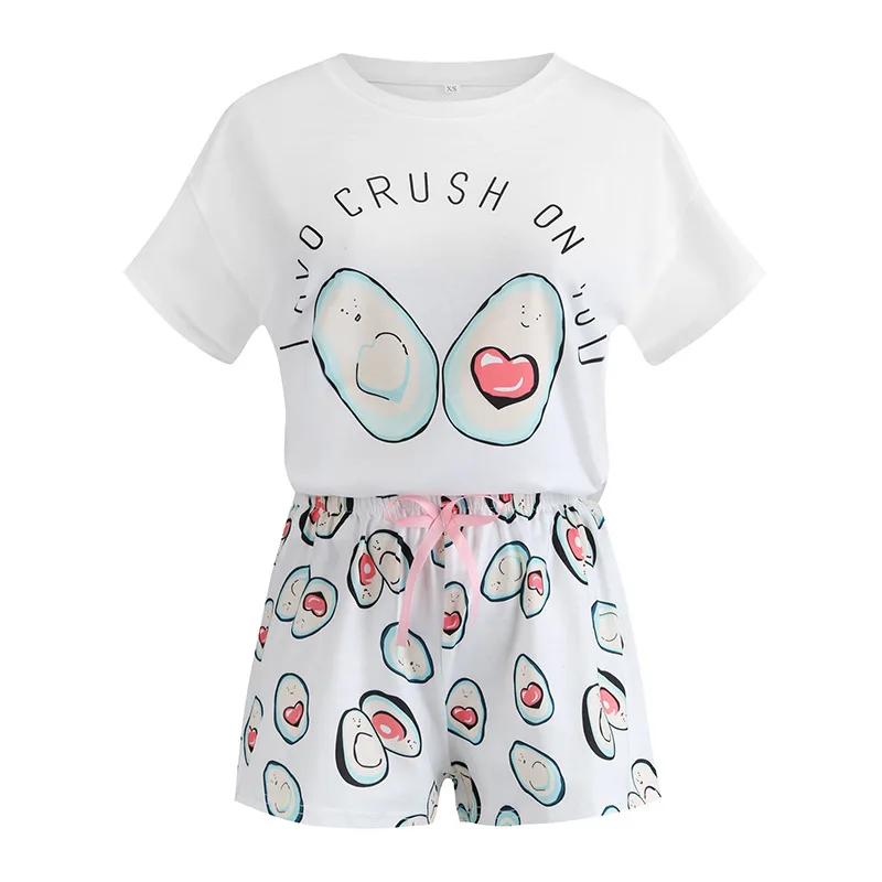 

Sale 1 Set Elastic Homewear Comfortable Soft Sleepwear Women Two Suit Cartoon LOVE Print T-Shirt Round Collar Pajama Set