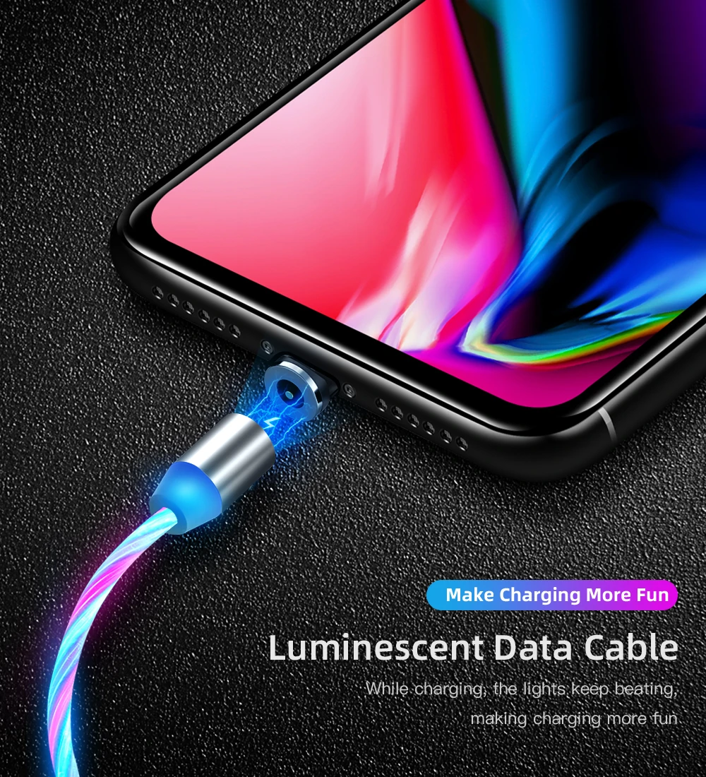 Магнитный USB C Micro USB кабель для iPhone Flow светящийся кабель провод для быстрого заряда type-C 8 Pin зарядное устройство мобильный телефон USB кабель