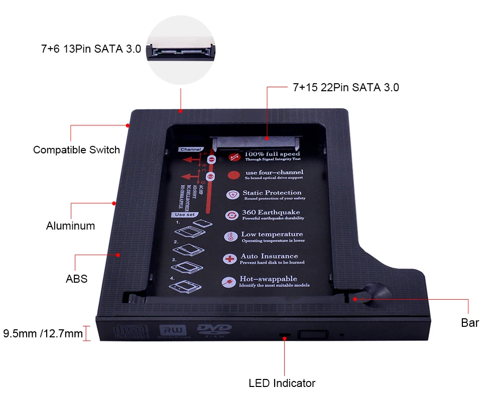 External Hard Drive Enclosure CHIPAL Universal 2nd HDD Caddy 12.7mm 9.5mm SATA 3.0 2.5" SSD Case + LED for Laptop CD DVD ROM Optibay