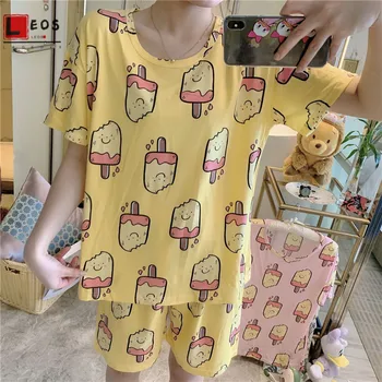 

Cartoon Women Sleepwear Sets Loose Plus Size Pajamas for Lady Tshirt Shorts Nightgowns Suit Summer Cute Print Home 2Pcs Homewear