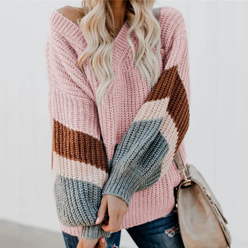 

2019 Autumn Winter Women's Sweater Striped V-neck Knitted Lantern Sleeve Patchwork Ladies Sweaters Female Loose Jumper Tops Sexy