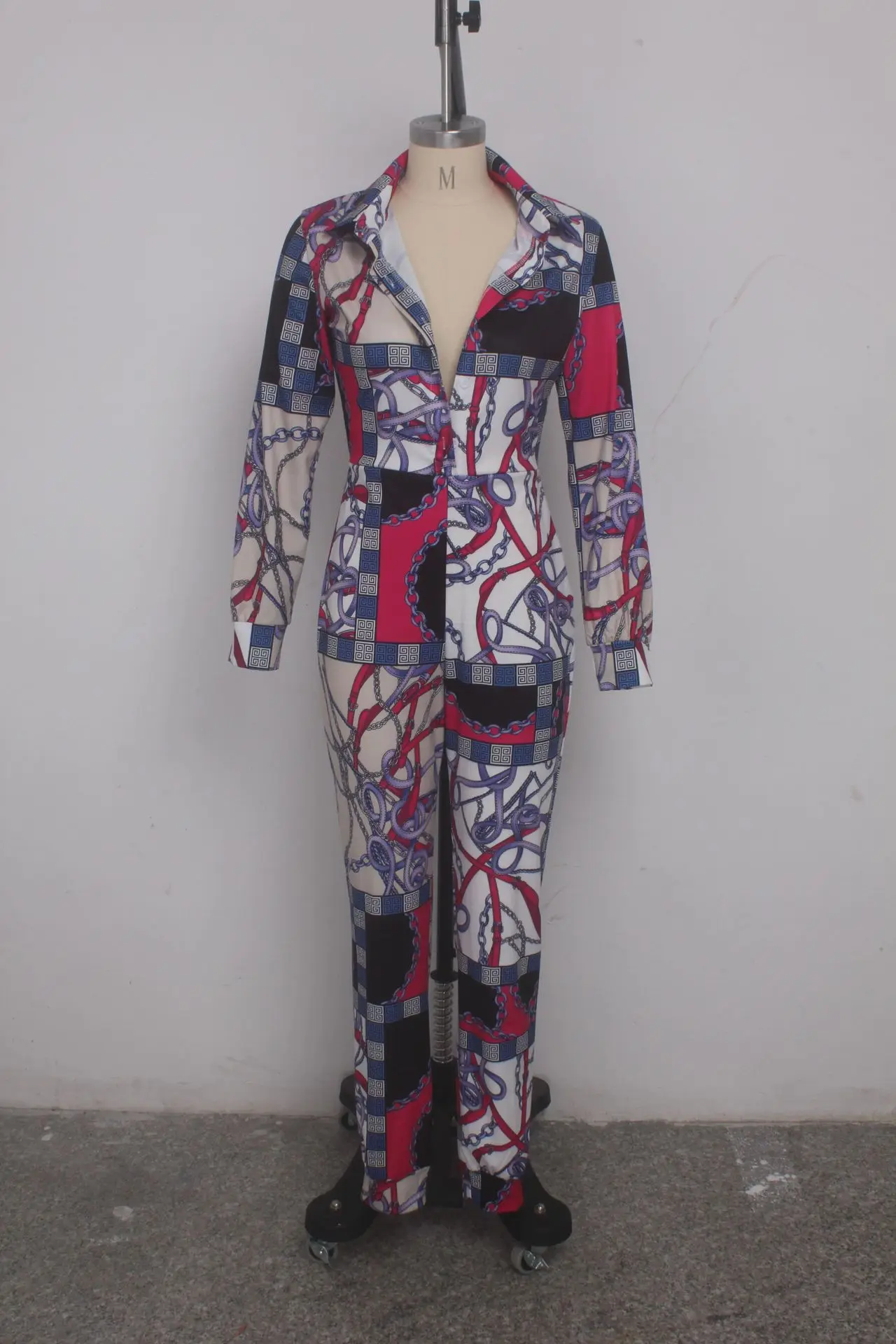 Сексуальный Модный комбинезон с цифровой цепью, осенняя и зимняя новая приталенная Женская одежда с длинным рукавом и v-образным вырезом, Monos Mujer