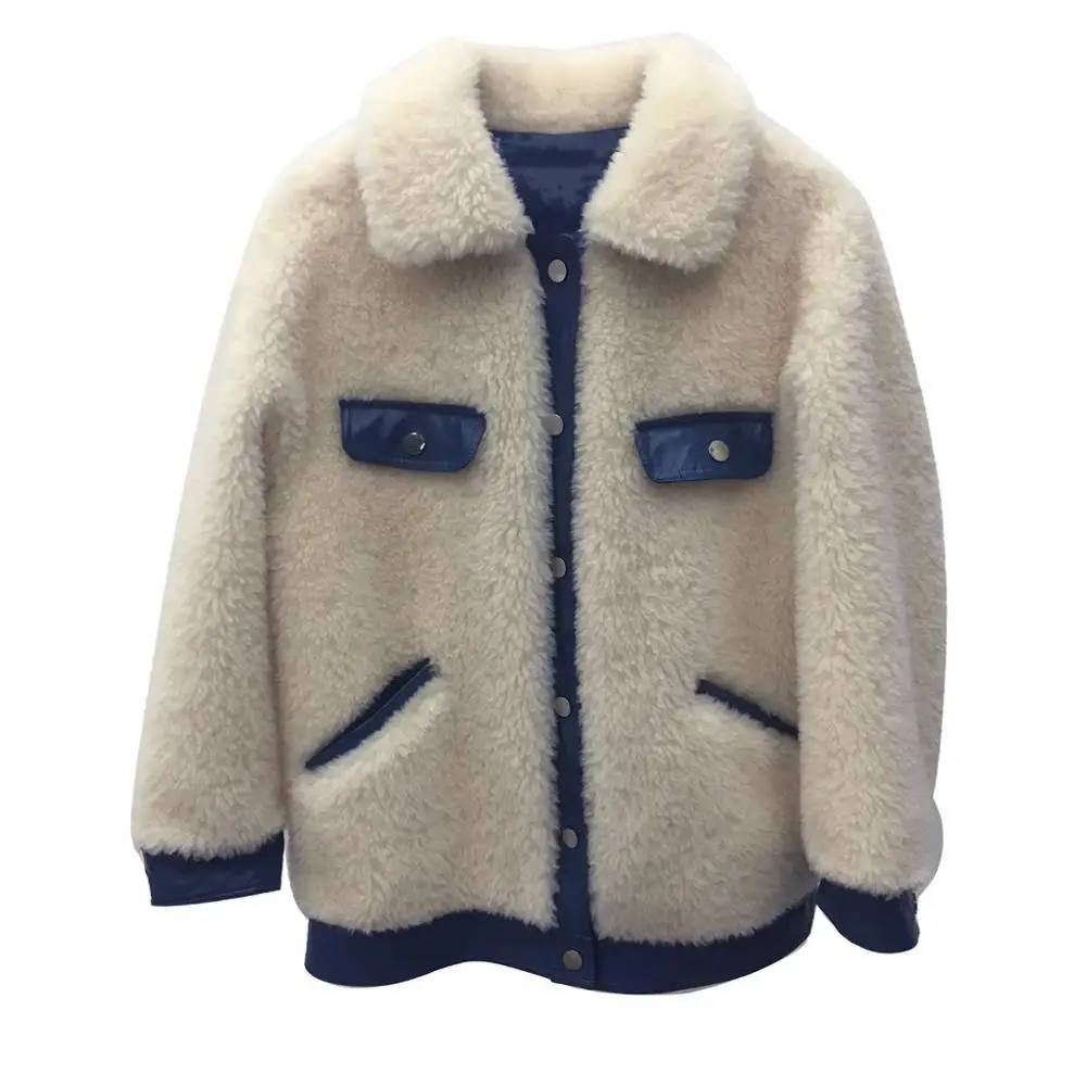 

Arlenesain custom 2019 new design blue and camel wool fur patchwork genuine leather women jacket