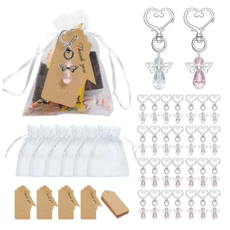 

30 Sets Mini Angel Crystal Pendant Key Chain with Organza Bags Blank Tag Decor