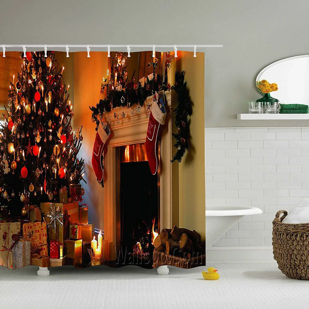 Cortinas navidad ba o Рождественский камин занавеска для душа зеленая Рождественская елка Рождественская занавеска для ванной комнаты красный носок douchegordijn 3D