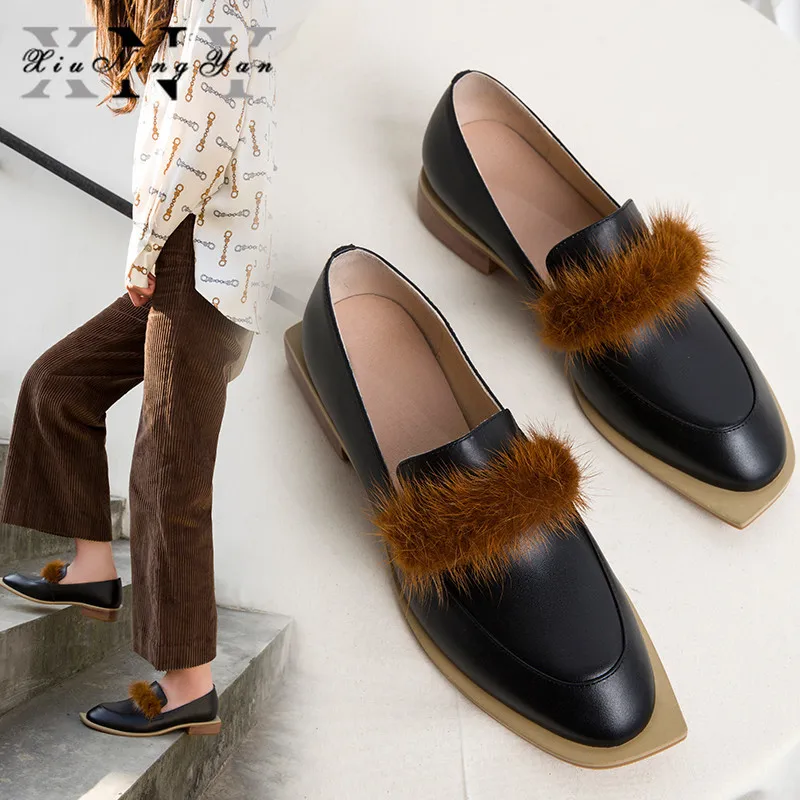 

XIUNINGYAN Black Real Leather Autumn Winter Shoes Women Slip on Platform Women Leisure Street Style Moccasins Shoes Ladies Shoes