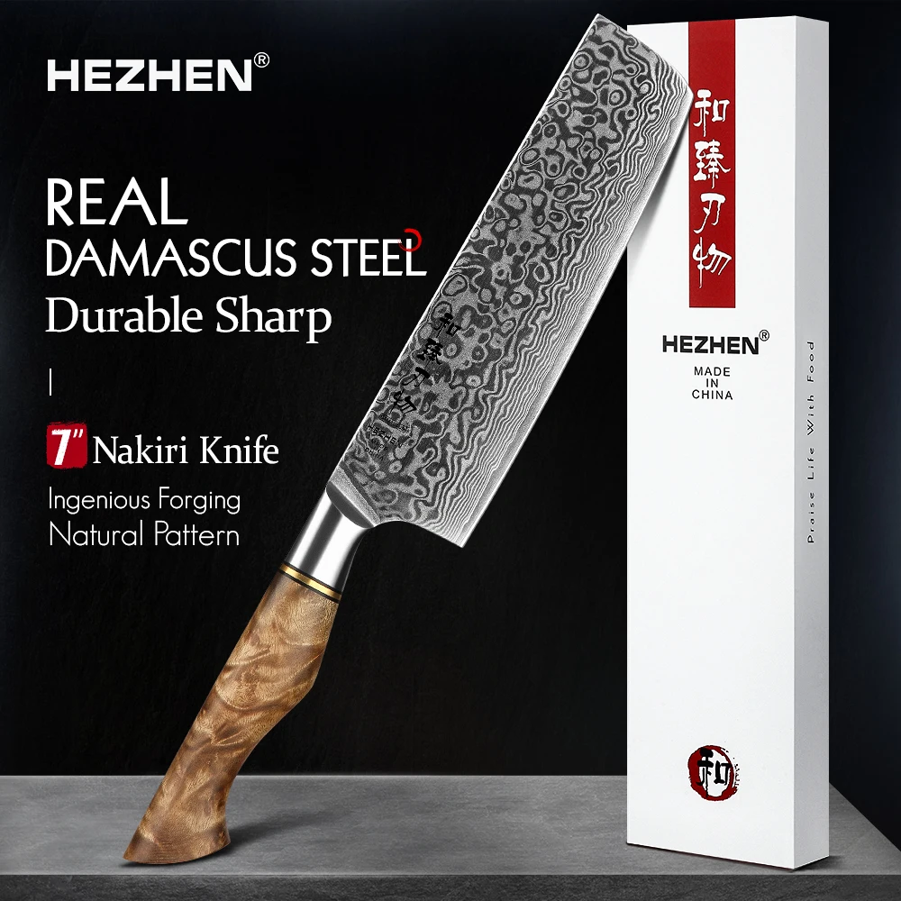 HEZHEN 7 дюймовый ножи накири настоящий 67 слойный дамасский супер стальной кухонный нож для резки мяса рыбы