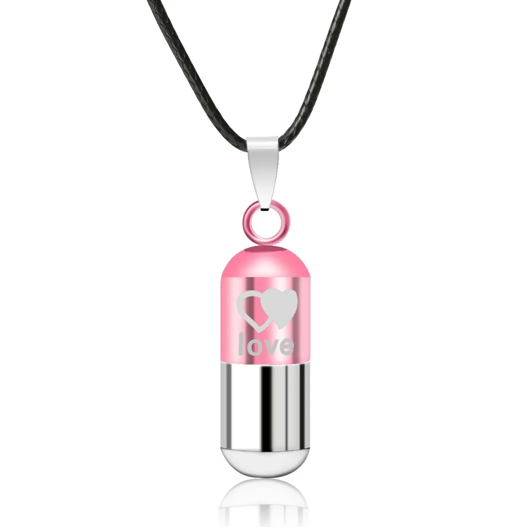 Classic Retro Unisex Metal Urn Cremation Love Pill Box Pendant Necklace Ash Holder Punk Leather Chain Keepsake Vintage Jewelry