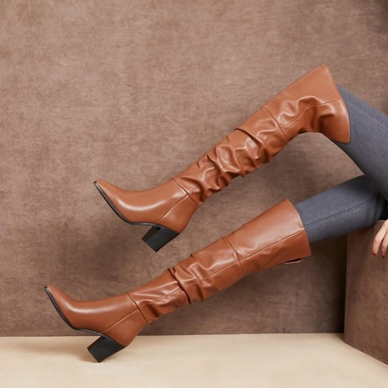 

2019 Camel Slouch Long Boots Chunky Heel Pointed Toe Top Seperated Leather Winter Boots High Heel Slip On Thigh High Shoees
