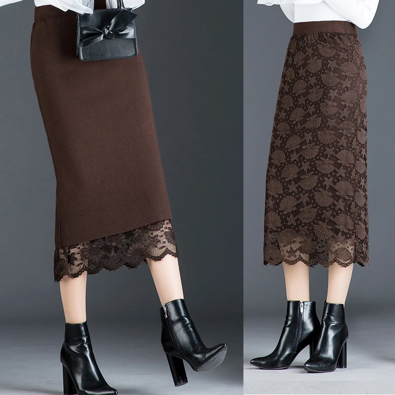 Юбка-карандаш с высокой талией осенняя и зимняя женская элегантная трикотажная облегающая юбка двухсторонняя одежда кружевные юбки