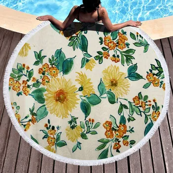 

Floral Large Round Beach Towel Thick Microfiber Towel With Floral Tassel Beach Picnic Blanket Unicorn Cooling Towel