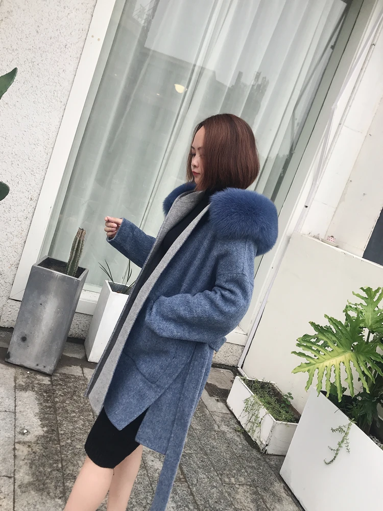 Women Wool Blend Coat fox Fur Collar Hooded jacket fashion new real fur coat long streetwear thick warm parka