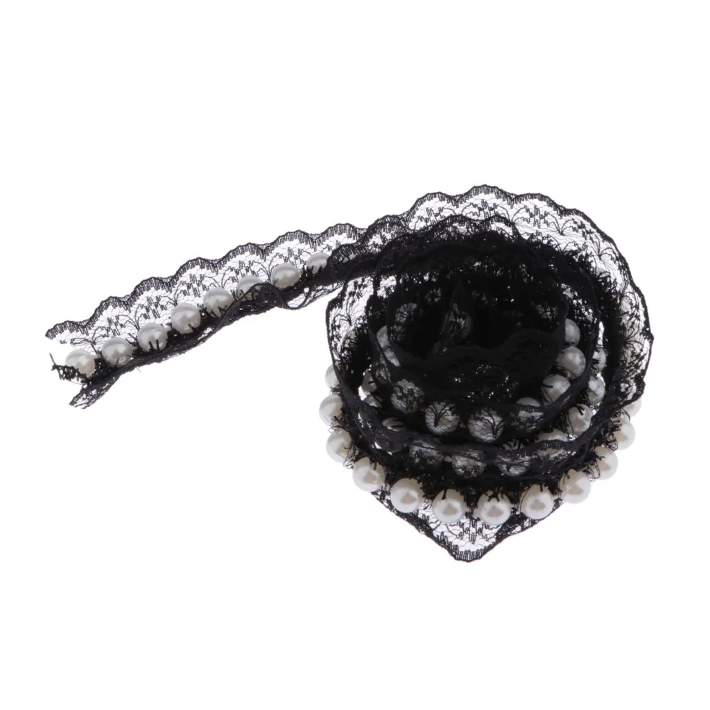 1 Yard Embroidery Lace Ribbon Trim with Pearl Cushion Curtain Ornament Tulle Mesh Craft Ribbon for Dress Decor Sewing Accessory