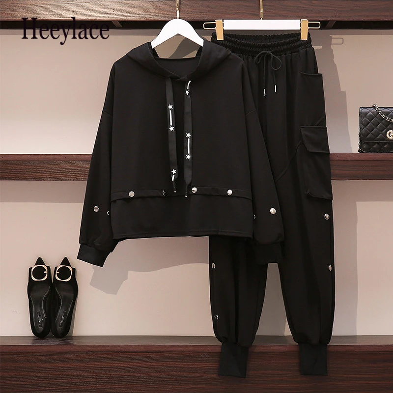 Женский черный спортивный костюм большого размера плюс, спортивный костюм, футболка с капюшоном+ штаны, комплект из двух предметов, топ и штаны, большой комплект одежды