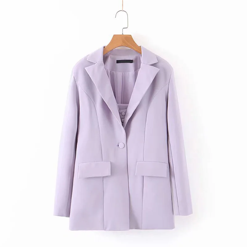 ANSFX Stylish Lavender Boyfriend One Button Blazer Pockets Notched Collar Long Suit Coat Outerwear Tank Top Shorts 3 Pieces Sets