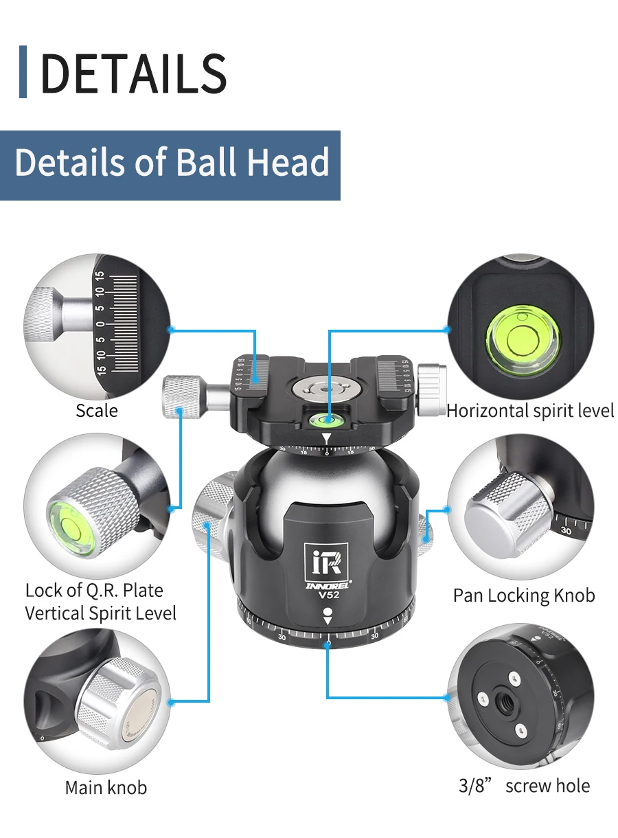 V52 / V44 / V36 Tripod Low Gravity Center Dual Panoramic Ball Head for Digital S