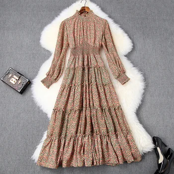

Women Girls Fashion 2020 Spring Summer Dress Long Sleeve Elastic High Waist Dismonds Beading Ruffles Print Boho Dresses