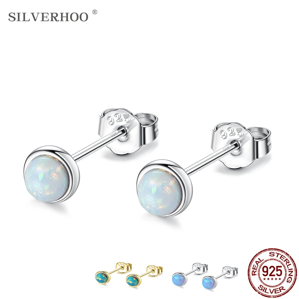 SILVERHOO-pendientes de ópalo azul para mujer, joyería de plata de ley 925, aretes pequeños, regalo de San Valentín
