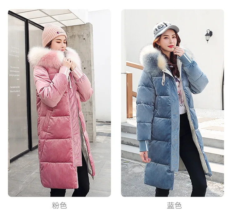 Длинное велюровое меховое пальто с капюшоном для женщин, большой размер, пекарня, зимнее пуховое пальто, Толстая теплая куртка, ватные парки с большим карманом