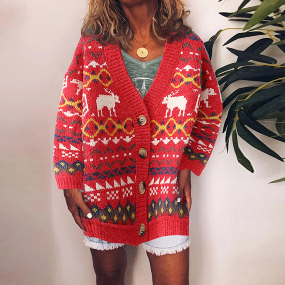 Женский жаккардовый вязаный свитер Lazy Christmas deer Повседневный Кардиган оверсайз на