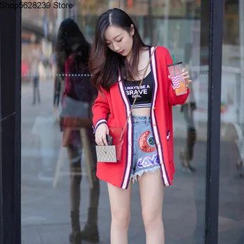 

19 Early Autumn Red V Collar Lazy Wind Loose Outside Medium Length Thin Section Knitting Cardigan Coat