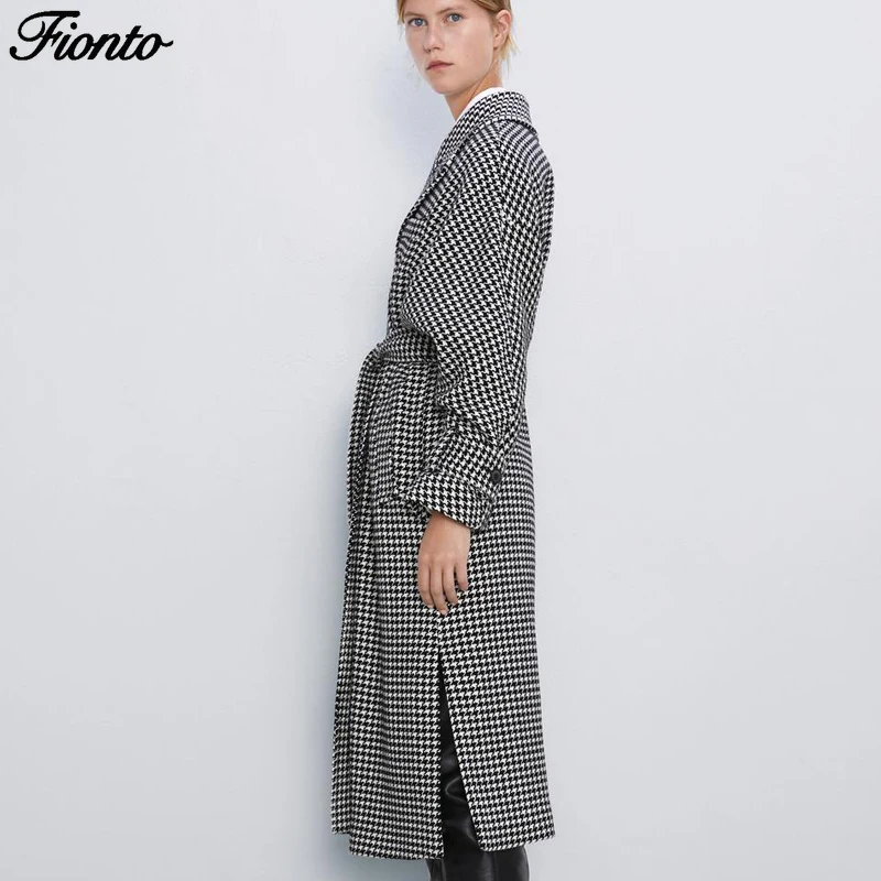 FIONTO, шерстяные пальто с поясом на талии, женские модные куртки в ломаную клетку, женские элегантные пальто с карманами и пуговицами, женское длинное пальто
