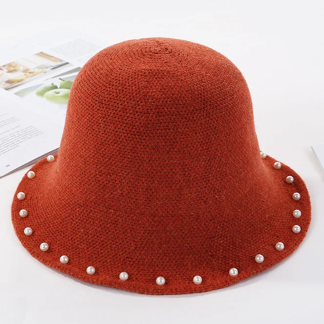 Японский жемчуг небольшой свежий литературный вязаная шапка дамы Корея Зима Теплый Дикий рыбак шляпа bts Панама - Цвет: red
