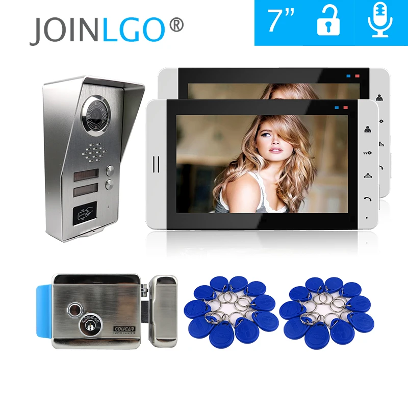 

FREE SHIPPING 7" Touch LCD Video Door Phone Intercom 2 Monitors + Outdoor RFID Doorbell Camera for 2 Apratments + Electric Lock