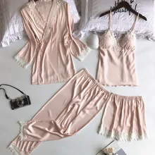 Комплекты с платьем, 4 предмета, женский халат, v-образный вырез, Сексуальный Кружевной Костюм сбоку, домашняя одежда для дома, осенняя одежда для дома, ночная рубашка, большой размер, длинный рукав