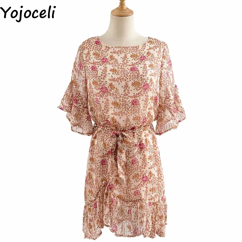 Yojoceli, сексуальное платье с принтом, рюшами и поясом, женское, летнее, элегантное, повседневное, Пляжное, короткое платье, женское, милое, Повседневное платье, vestidos
