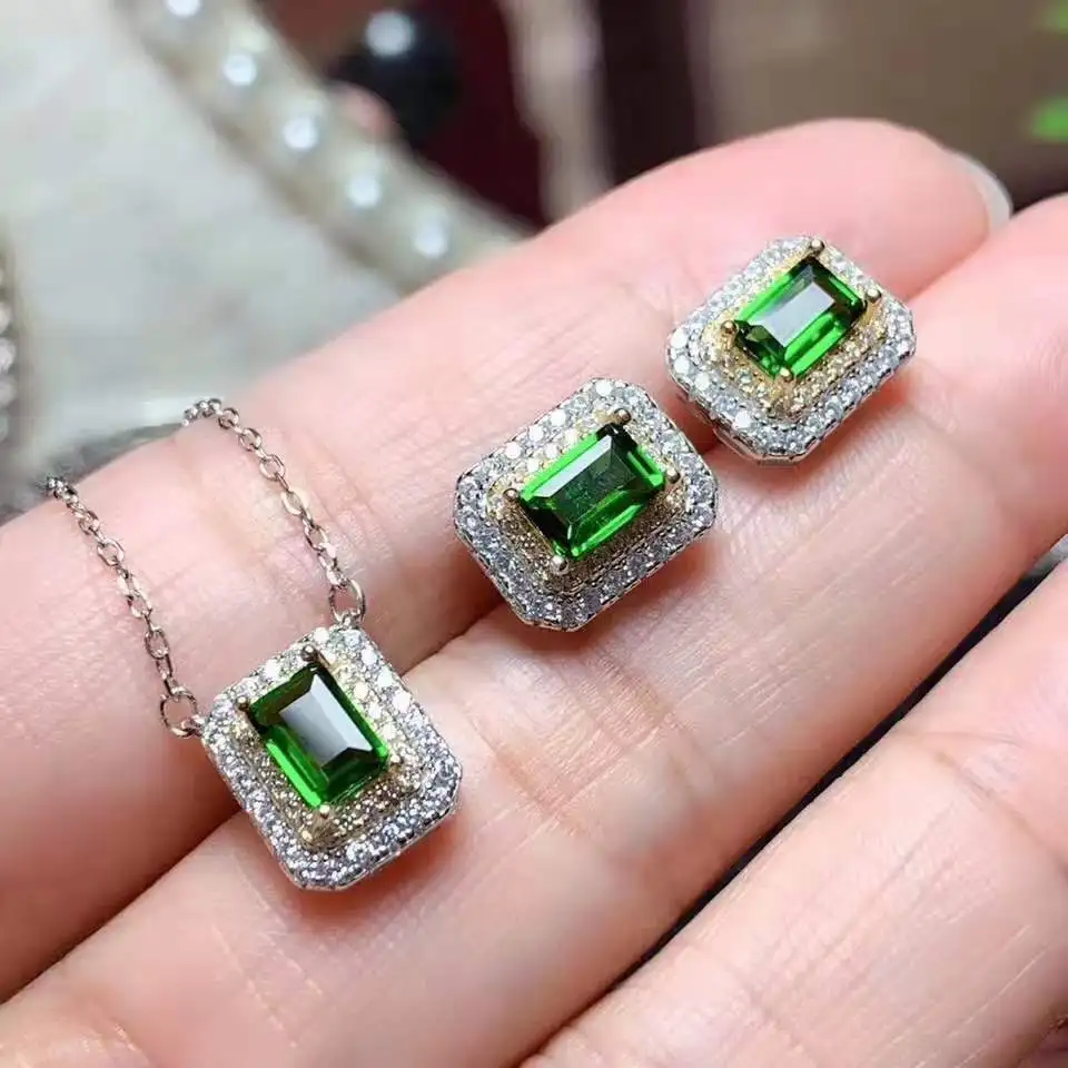 Platinum Естественный диопсид S925 серьги кулон ожерелье костюм модный и простой для женщин - Цвет камня: Platinum