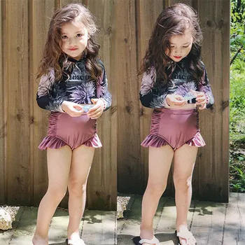 

Girls' Long Sleeve Ruffle Floral Print Two-Piece Swimsuit With Swimming Cap children kids girls summer Beach Swimsuit Swimwear