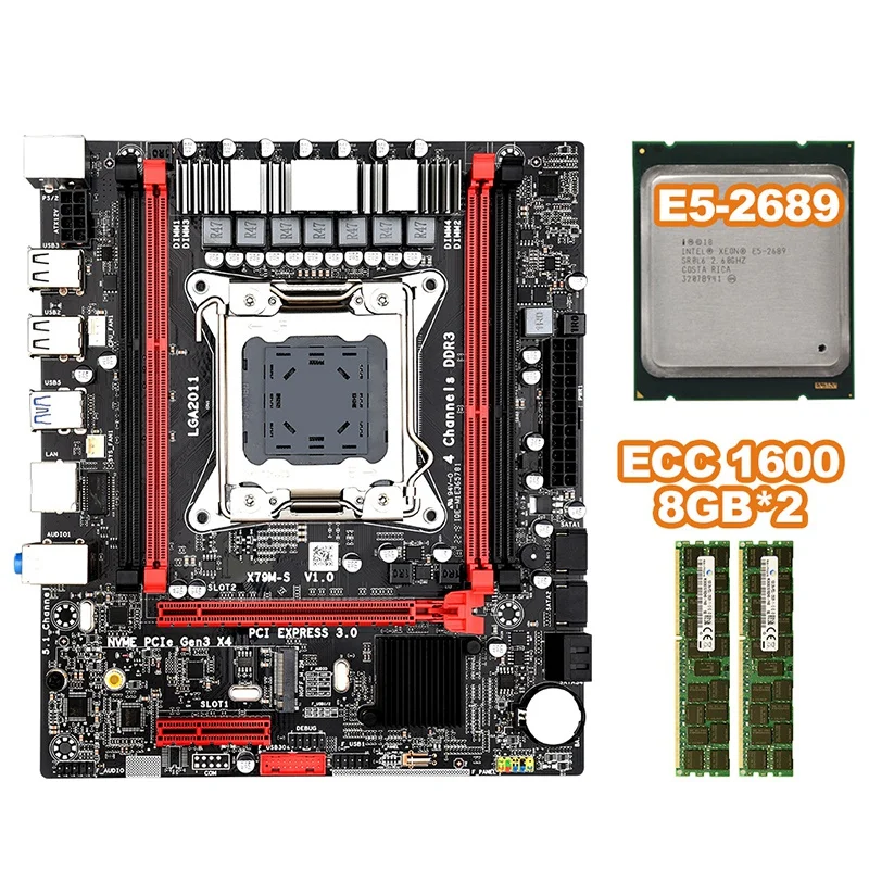 

X79MS LGA2011 Motherboard Set Combos with Intel E5 2689 2 x 8GB 16G 1600Mhz DDR3 ECC Support M.2 NVMe SATA3 USB3.0