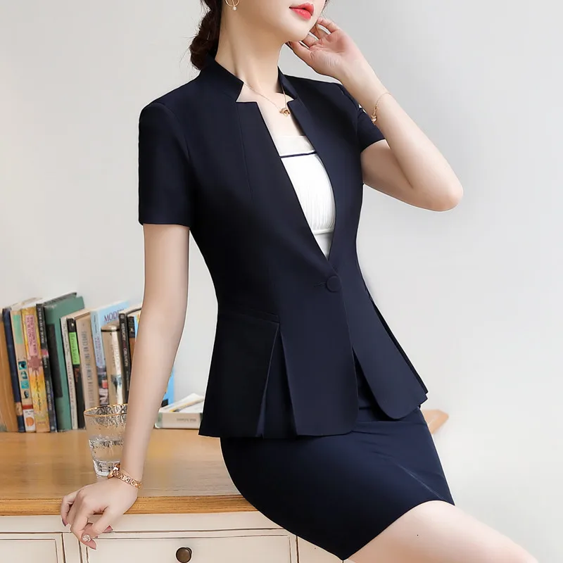 Fashion Short Sleeve Suit Women's Temperament Slim Blazer Skirt Ladies Pants Office Business Interview Blazer-with-skirt-set