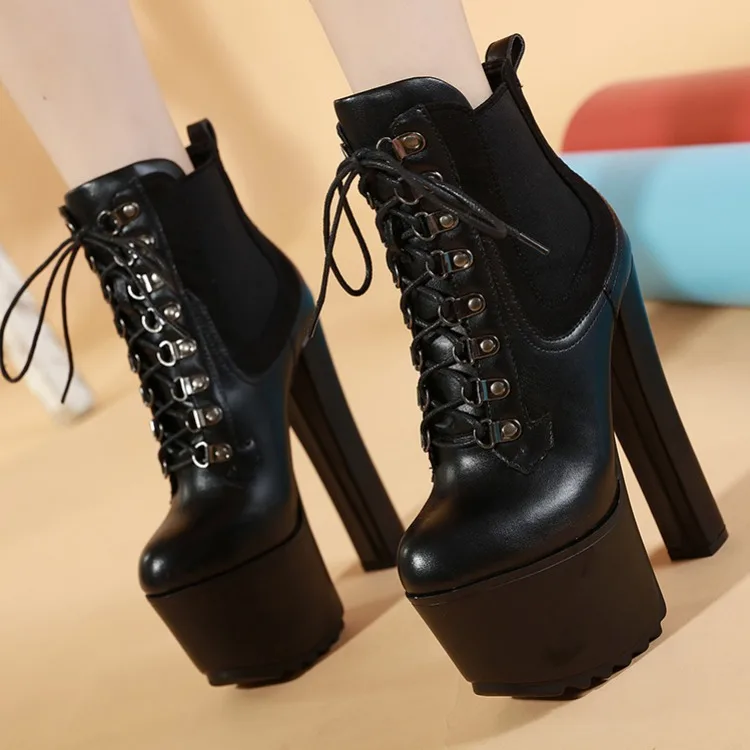 

Lace Up Boots Women's Rubber Shoes Rain Bootee Woman 2019 Round Toe Booties Ladies Low Heels booties Ankle Rock Winter High