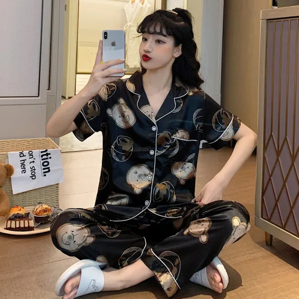 Disney Cute Silk Pajamas for Women Fall Home Suit Mickey Mouse Pyjamas Pj Set Satin Nightwear Sleepwear 2021 Pijama Verano Mujer 5336