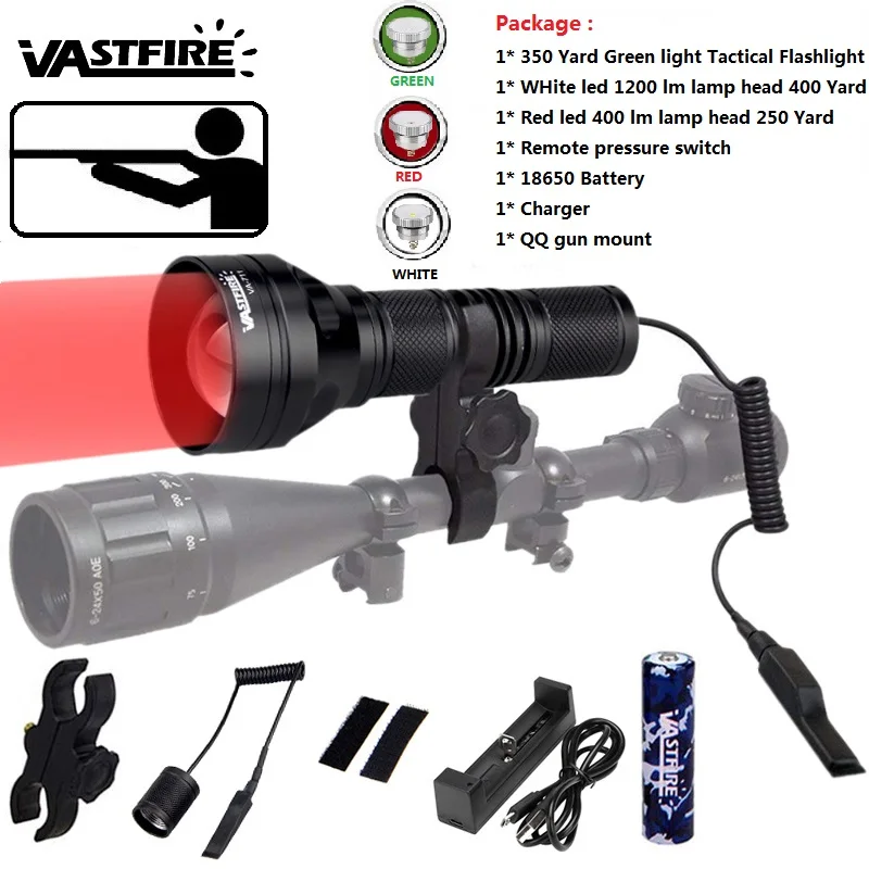Recarregável à Prova Caça Lanterna Profissional Tático Led Usb Drechargeable Água Tocha Vermelho – Verde Branco Scout Luz Va-711