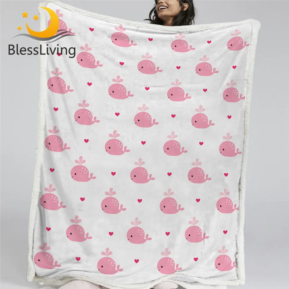

BlessLiving Cute Whale Soft Blanket Pink Blanket Ocean Animal Cartoon Plush Bedspread Heart Printed Sherpa Blanket for Girls