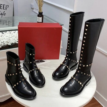 

Luxury Designer Women Long Boots Fashion Sharp Golden Rivets Women Knee High Boots Rockstud Autumn Winter Boots Mortorcycle Boot
