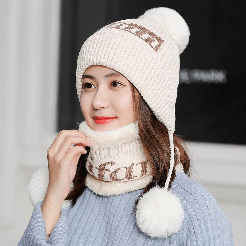 Осенне-зимняя женская шапка, шарф, наборы масок, модная женская вязаная шапочка с помпоном, утолщенная кроличья шерсть, теплая ветрозащитная женская шапка