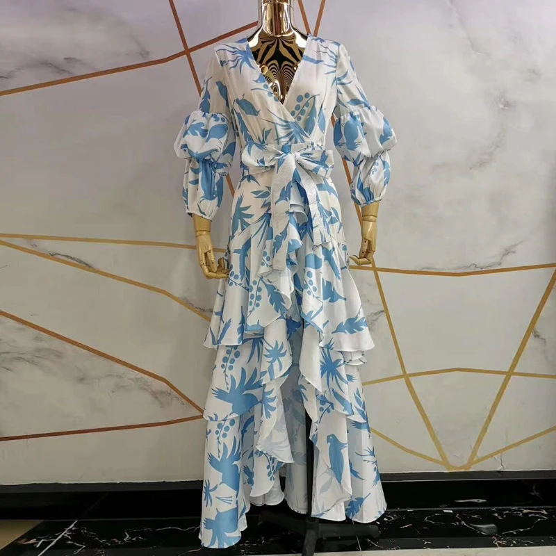 Женское платье с рукавами-фонариками CHICEVER асимметричное v-образным вырезом и