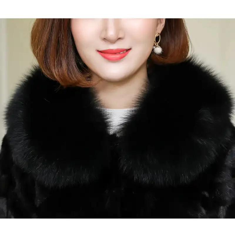 High Quality Women's Faux Fox Fur Collar Fur Coat Winter Slim Short 2021 New Female Pocket Imitate Mink Fur Jacke Black Elegant