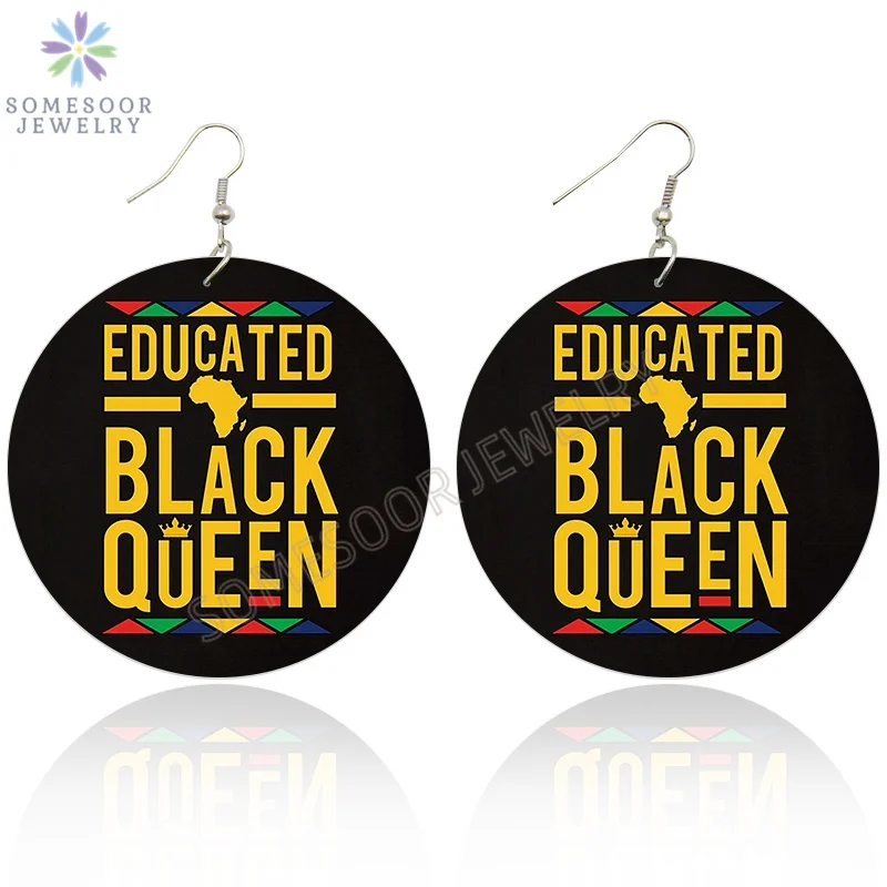 SOMESOOR 10 Дизайн Черные поговорки Eductaed queen африканские деревянные висячие серьги популярный спрос афро меланин ювелирные изделия для женщин подарок - Окраска металла: Both Sides Print 3