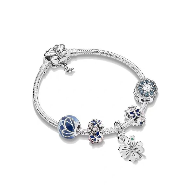 BBee, 925 пробы, серебро, голубая бабочка, браслет, набор, корона, голубые шармы, сделай сам, подходят для оригинальных браслетов Pandora, ювелирное изделие