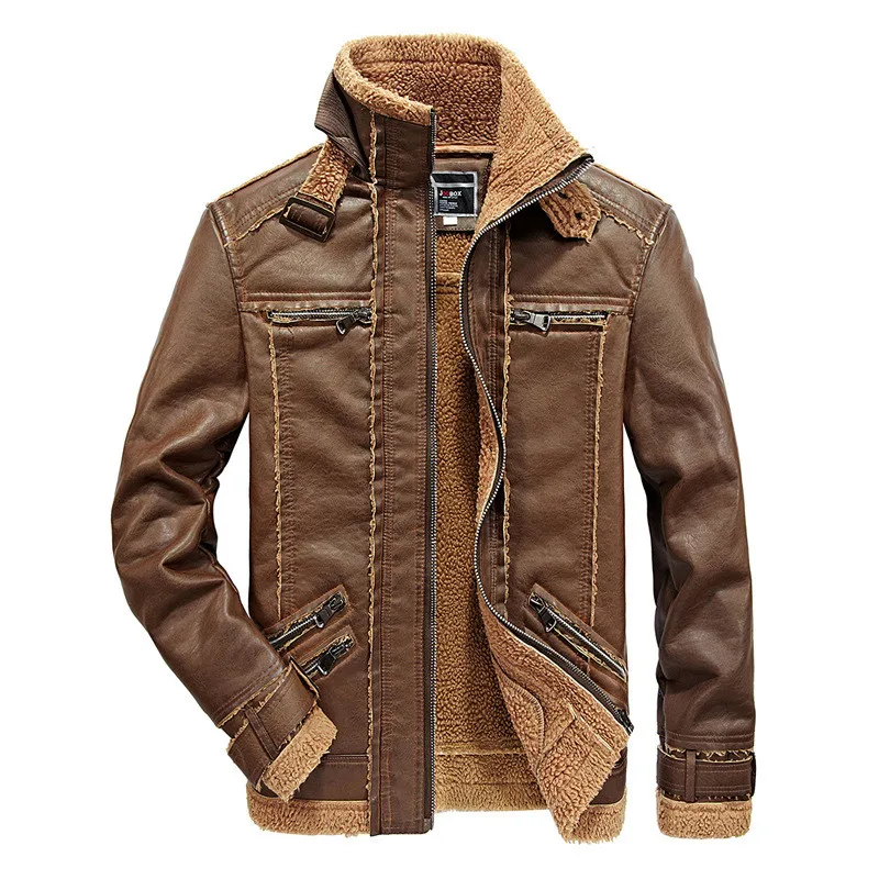 Male Winter Jacket Men Velvet Coats Men Leather Jacket Mens Casual Fashion Stitching Casual PU Leather Coat Autumn Streetwear