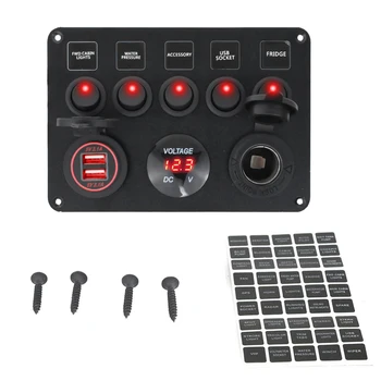 

Boat Switch Panel Car Switch Panel Waterproof Digital Voltmeter Dual USB Port 12V Outlet Combination Marine LED Rocker 5 Gang